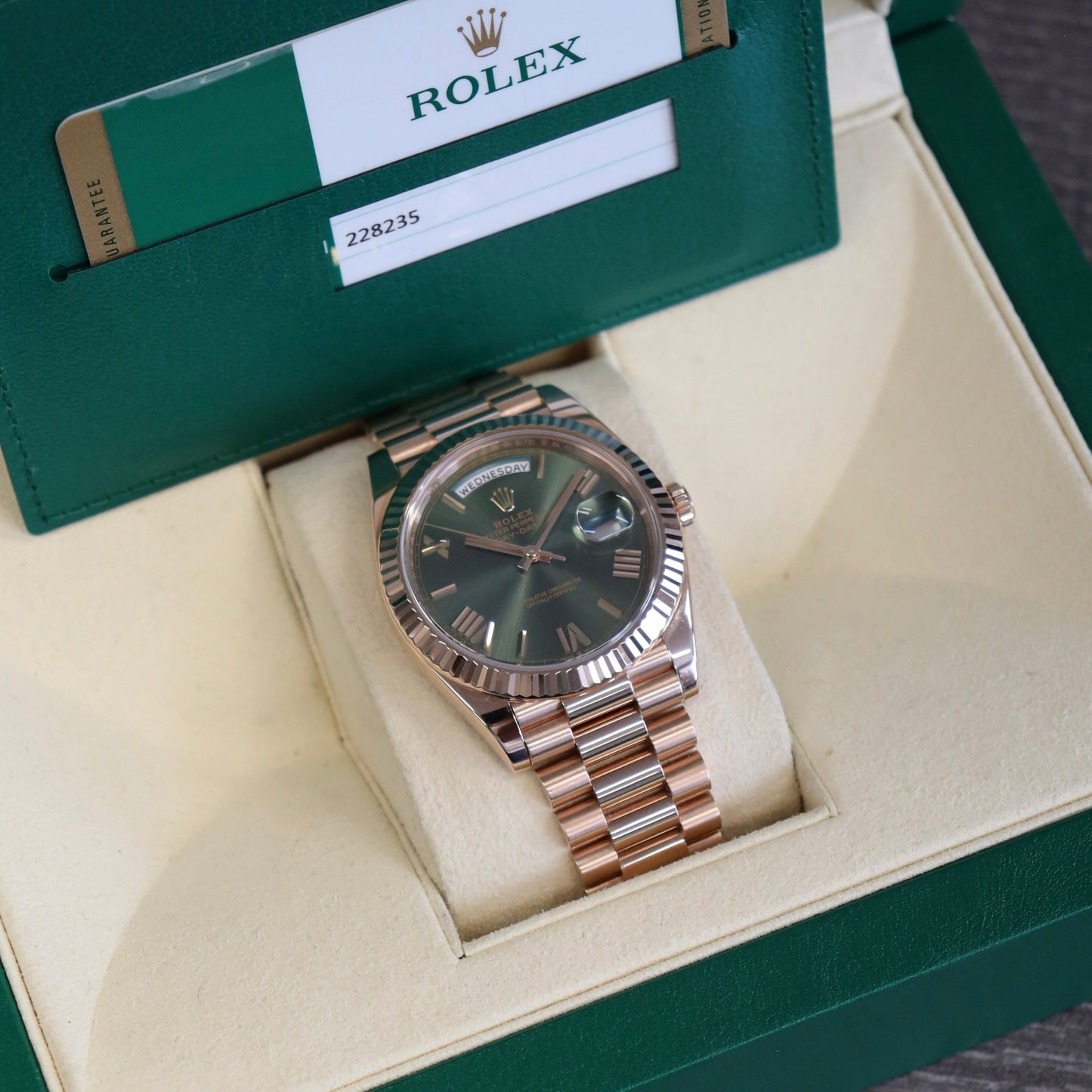 Rolex Day-Date Rose Gold Olive Dial 228235