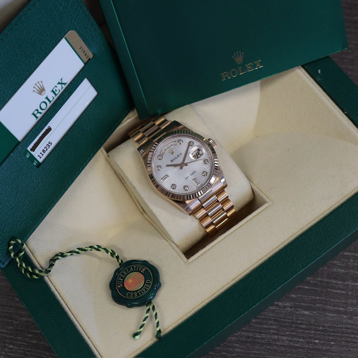 Rolex Day-Date 36 Rose Gold Mother of Pearl with Oxford Motif Diamond Indexes & Fluted Bezel President Bracelet 118235