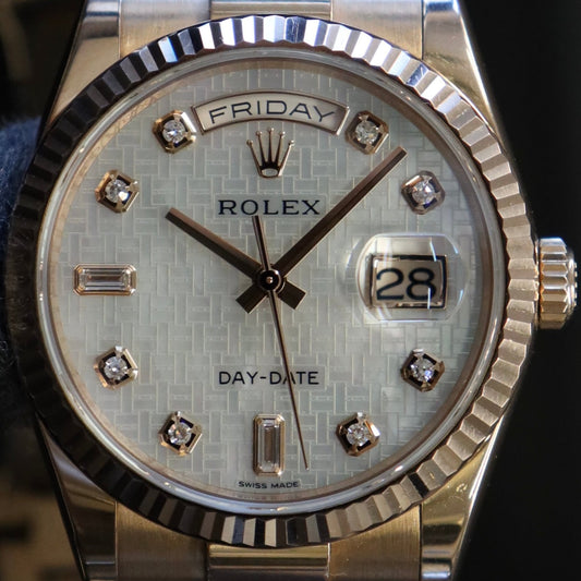 Rolex Day-Date 36 Rose Gold Mother of Pearl with Oxford Motif Diamond Indexes & Fluted Bezel President Bracelet 118235