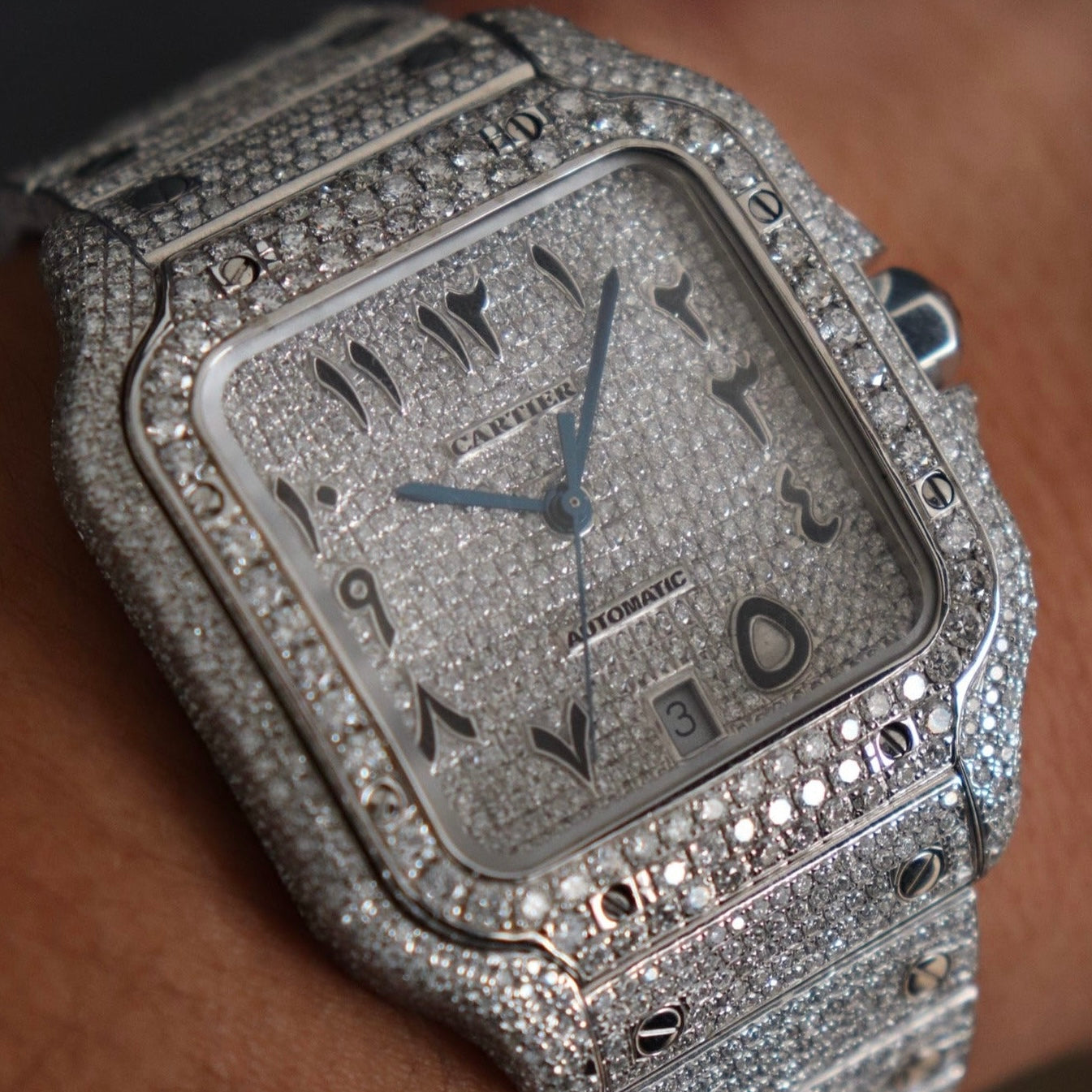 Cartier Santos Custom Pavé Diamond Set Arabic Dial